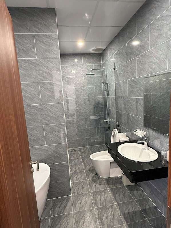 Regadera tipo lluvia y amenidades de baño de diseñador 