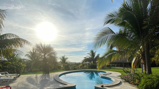 A swimming pool with a curved design, surrounded by palm trees and a clear sky. - Villa Privada con Piscina y Vista al Estero (El Zapote)