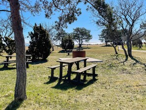 An outdoor picnic area with wooden tables and benches, surrounded by trees. - 4 Person Holiday Home in Hemse (Hemse)