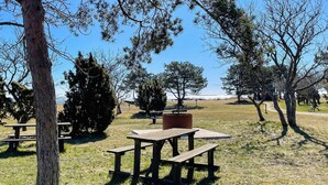 Un espace pique-nique équipé de tables et de bancs en bois, entouré d’arbres et de vastes prairies.