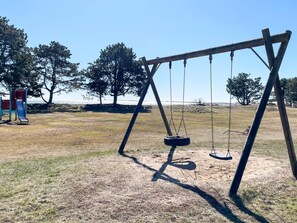 A swing set with a tire swing in a park with a playground and trees. - 4 Person Holiday Home in Hemse (Hemse)