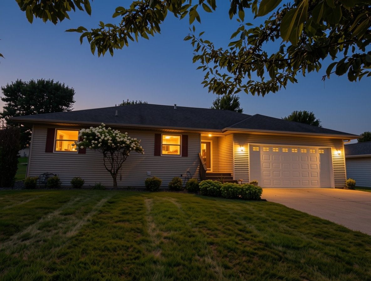 A residential house with a garage, a well-maintained lawn, and a tree with white flowers.