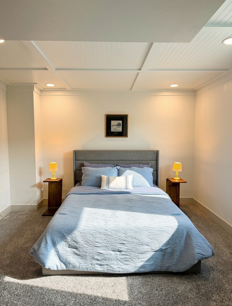 Ein Schlafzimmer mit einem Bett, zwei Nachttischen, einer Ablagefläche, einem gerahmten Bild an der Wand und einer Decke mit Einbaustrahlern.