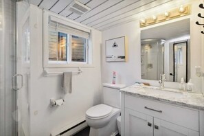 Shower, hair dryer, shampoo