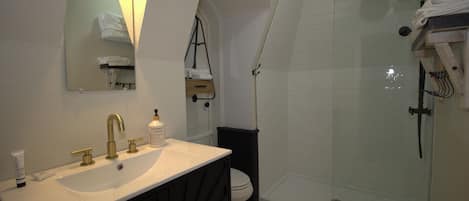 Shower, hair dryer, towels, soap