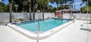 Une piscine rectangulaire avec une terrasse blanche, entourée d’une clôture blanche, de palmiers et d’une maison en arrière-plan.