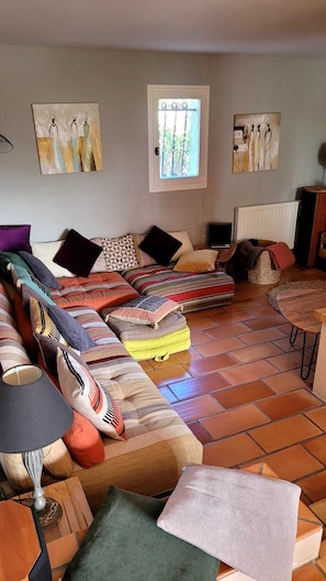 Télévision, cheminée, lecteur de DVD, livres