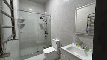 Hair dryer, slippers, towels