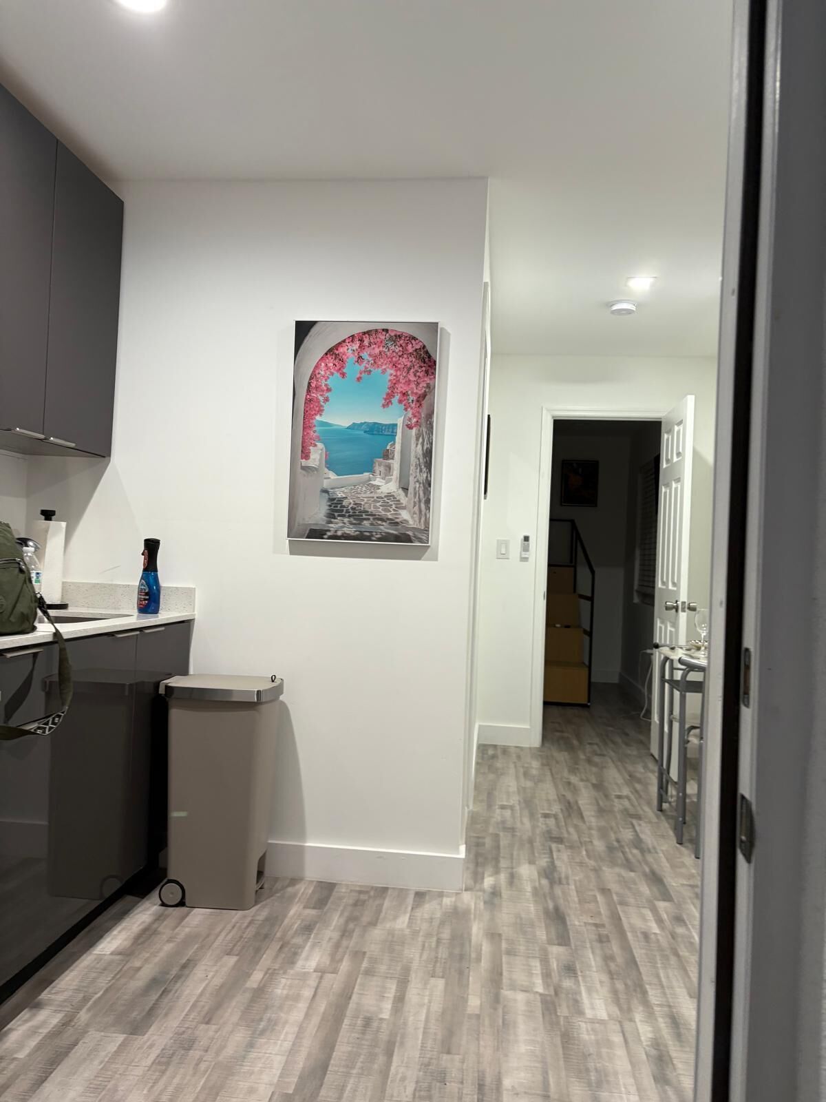 Une cuisine moderne avec un plan de travail gris, une poubelle et un tableau représentant un paysage côtier.