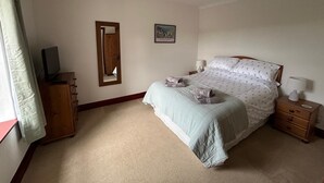 Une chambre à coucher comprenant un lit, une commode en bois, un téléviseur, un miroir et un tableau accroché au mur.