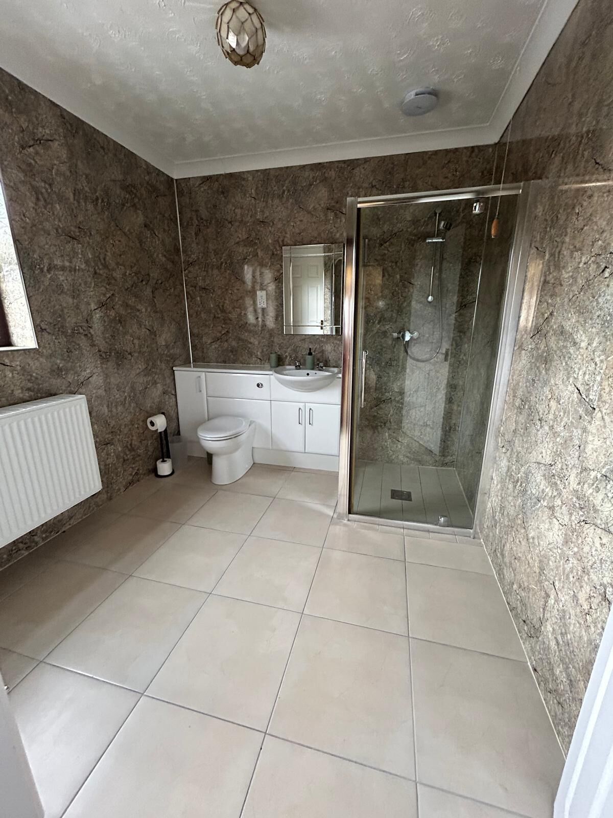 Shower, towels, toilet paper