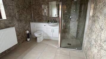 Shower, towels, toilet paper