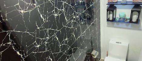 Douche, serviettes fournies, papier toilette