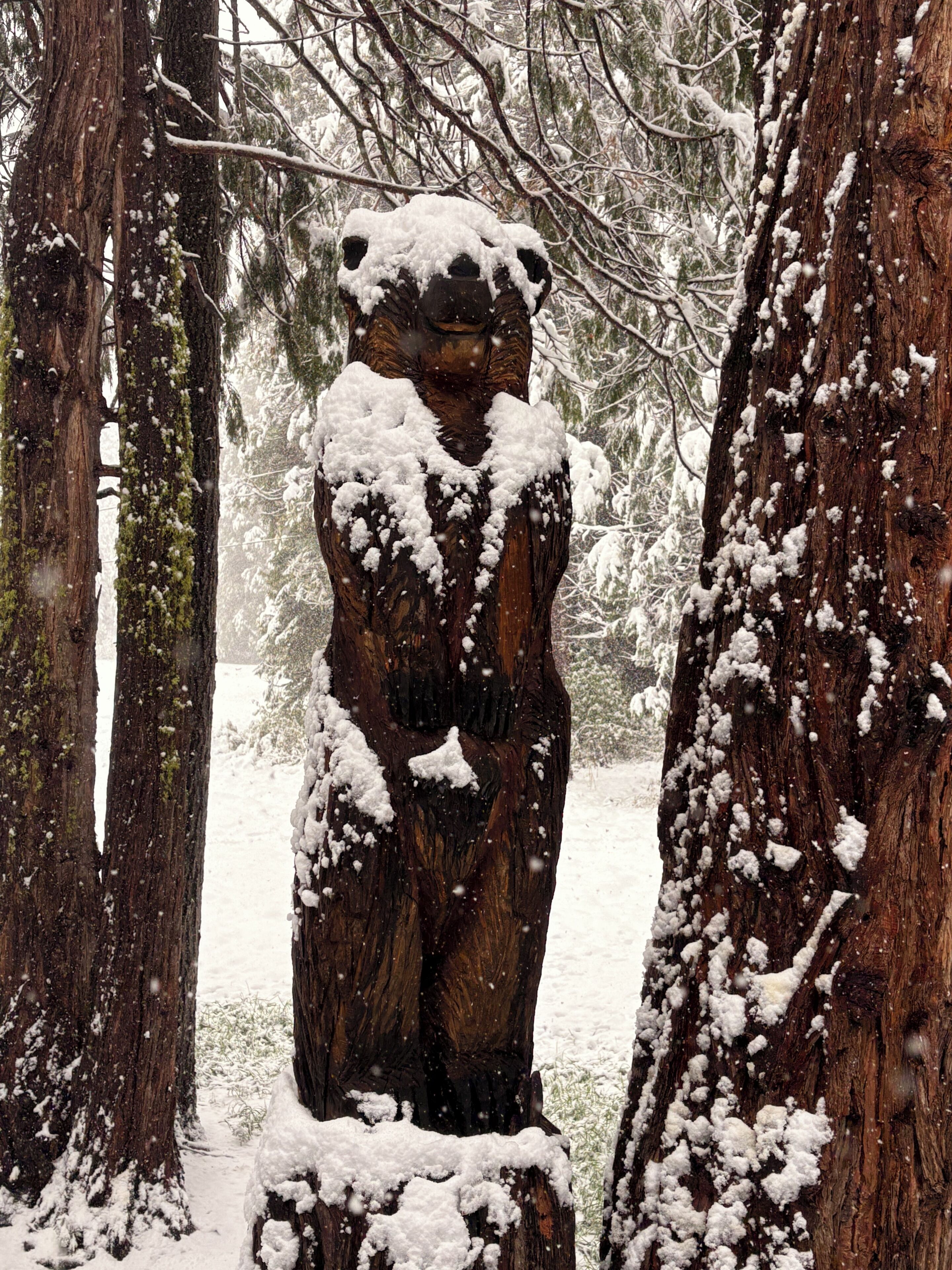 Escultura de urso coberta de neve em uma floresta.