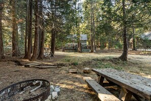Una cabaña en un bosque con una fogata y una mesa de picnic.