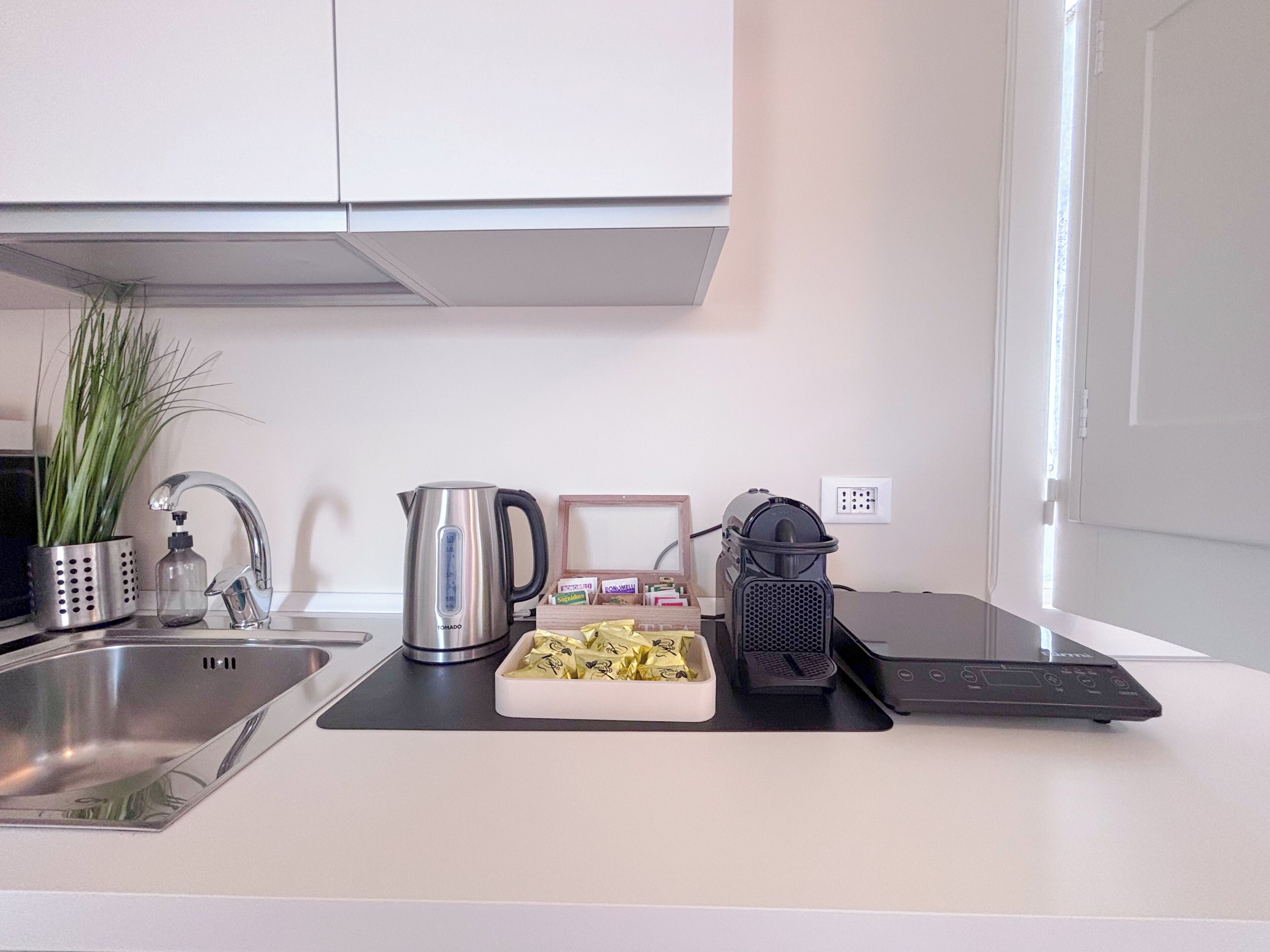 Fridge, microwave, stovetop, electric kettle