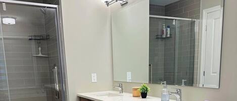 Hair dryer, towels, soap, toilet paper