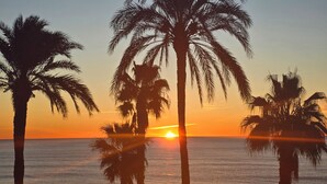 Sonnenuntergang mit Palmen und dem Meer.
