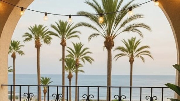 Ein Balkon mit Blick auf Palmen und das Meer, ein Korbstuhl, ein Tisch mit Kerze sowie eine Sitzecke.