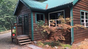 A wooden cabin with a green roof, a porch with steps, and a window overlooking a garden. - Cozy cabin in the woods with internet, hot tub,fire pit, grille, gas stove (Walton)