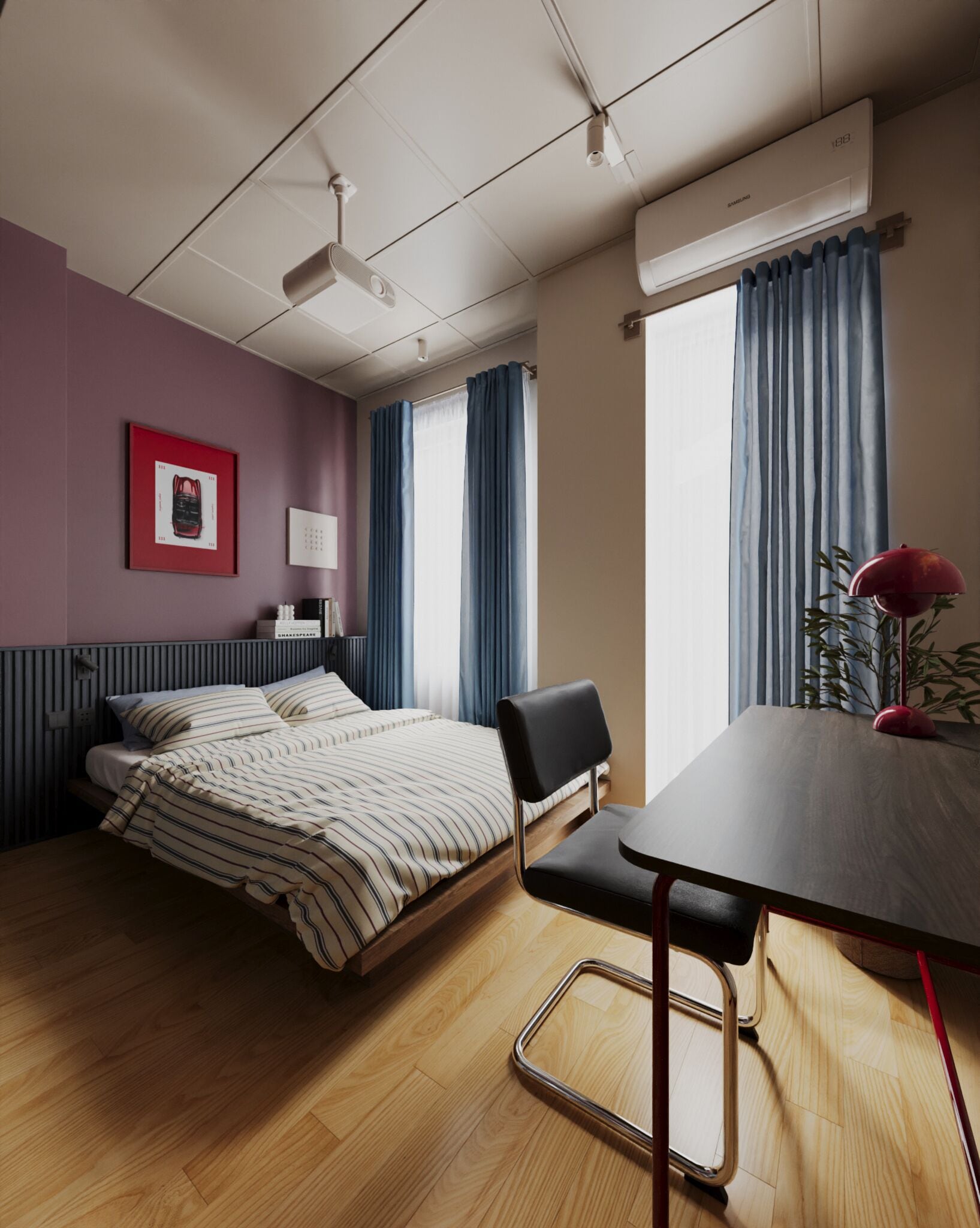 Una habitación de hotel moderna con una cama, un escritorio, una silla, un radiador, una ventana con cortinas y un equipo de aire acondicionado.