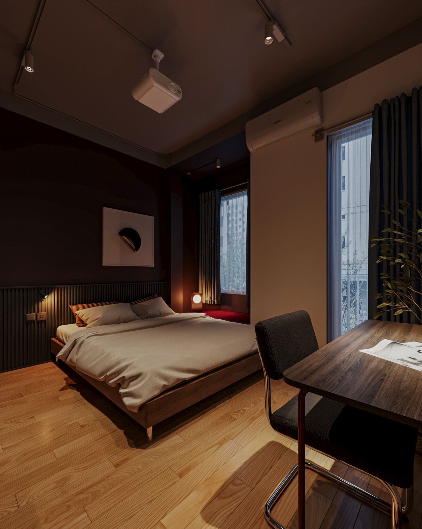 Un dormitorio moderno con cama, mesita de noche, silla y vistas de la ciudad a través de la ventana.