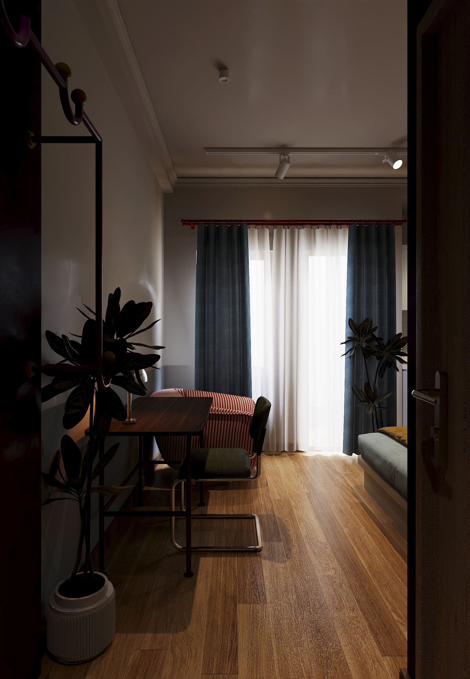 Una habitación con una mesa de comedor, sillas, un sofá y dos plantas en macetas.