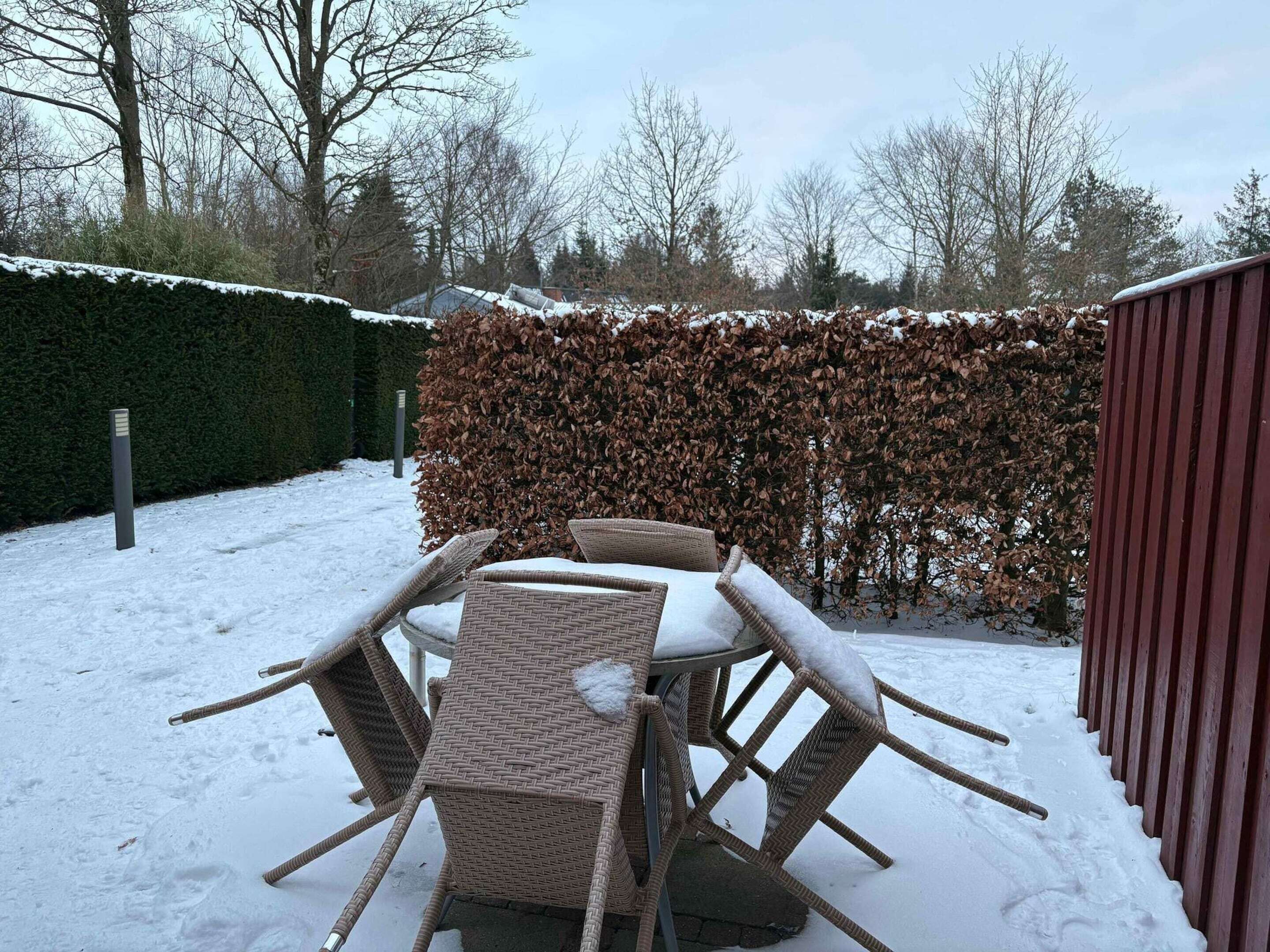 A snow-covered outdoor seating area with wicker chairs and a table, surrounded by a hedge and a wooden fence.