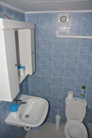 Een douche, een haardroger, handdoeken, zeep