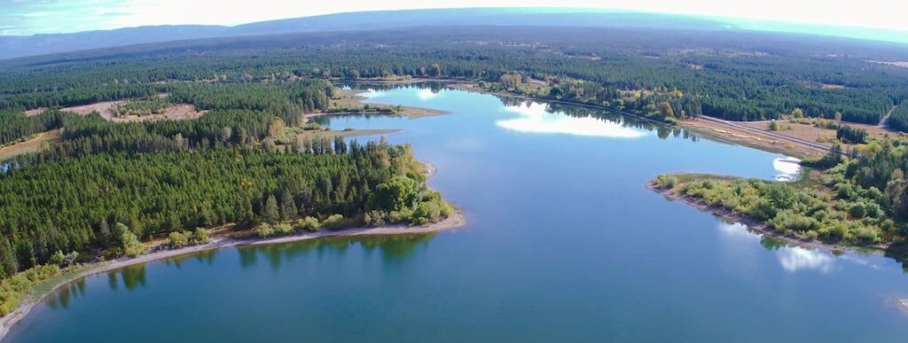 An aerial view of a large lake surrounded by dense forest.