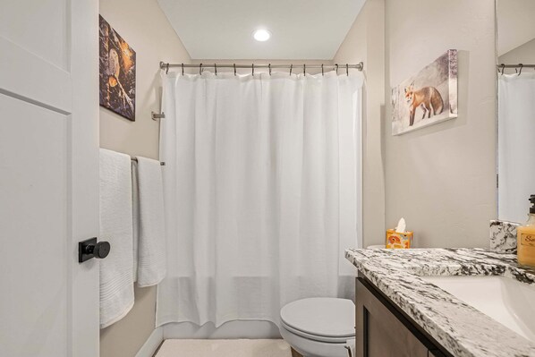Un baño con cortina de ducha, un inodoro, un lavabo con encimera de mármol y dos cuadros colgados en la pared.