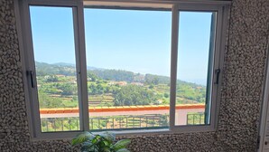 Ein Zimmer mit großem Fenster, einem Blumentopf und Fliesenboden.