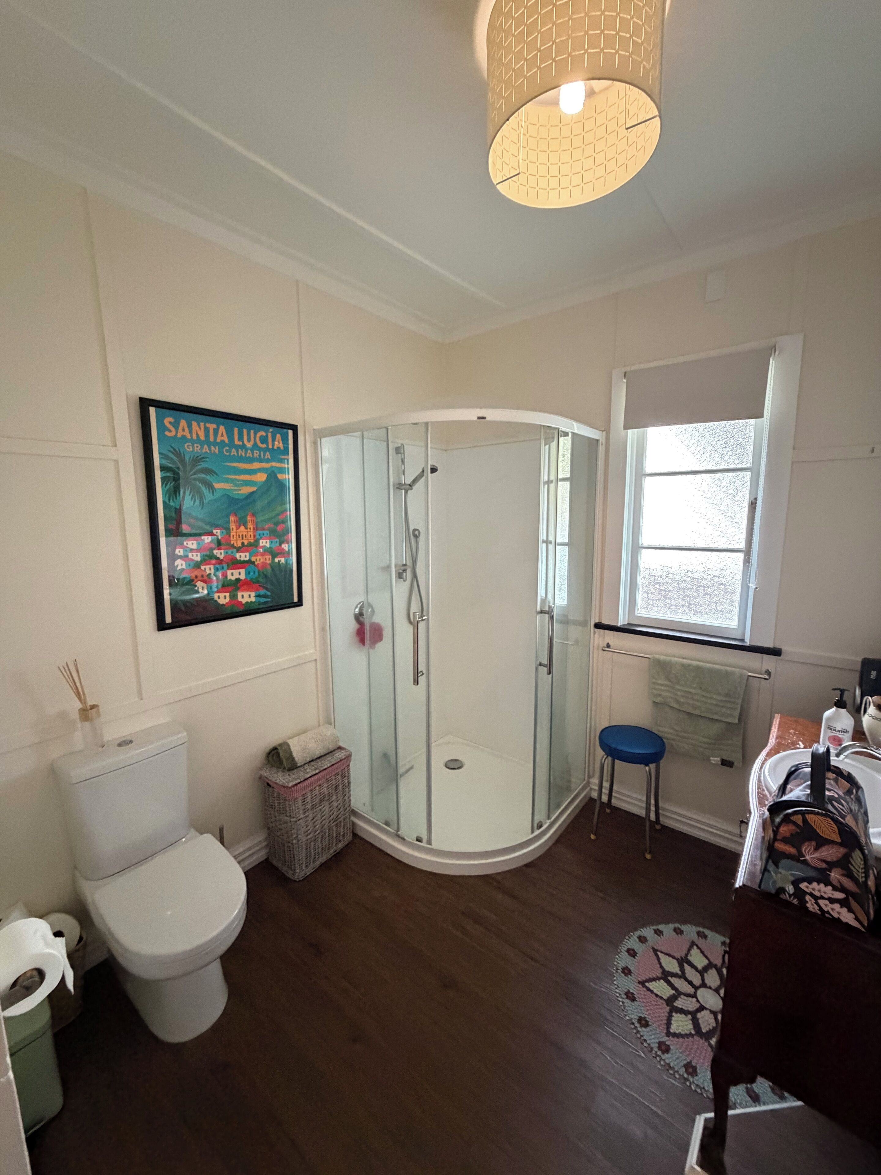 Shower, towels, soap, toilet paper