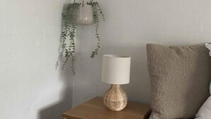Et soveværelse med en seng, et natbord med en lampe og en hængende plante.