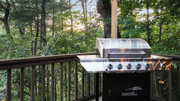 Ein NEXGRILL-Barbecue-Grill auf einer Terrassenholzdiele mit Holzwand, umgeben von Bäumen.
