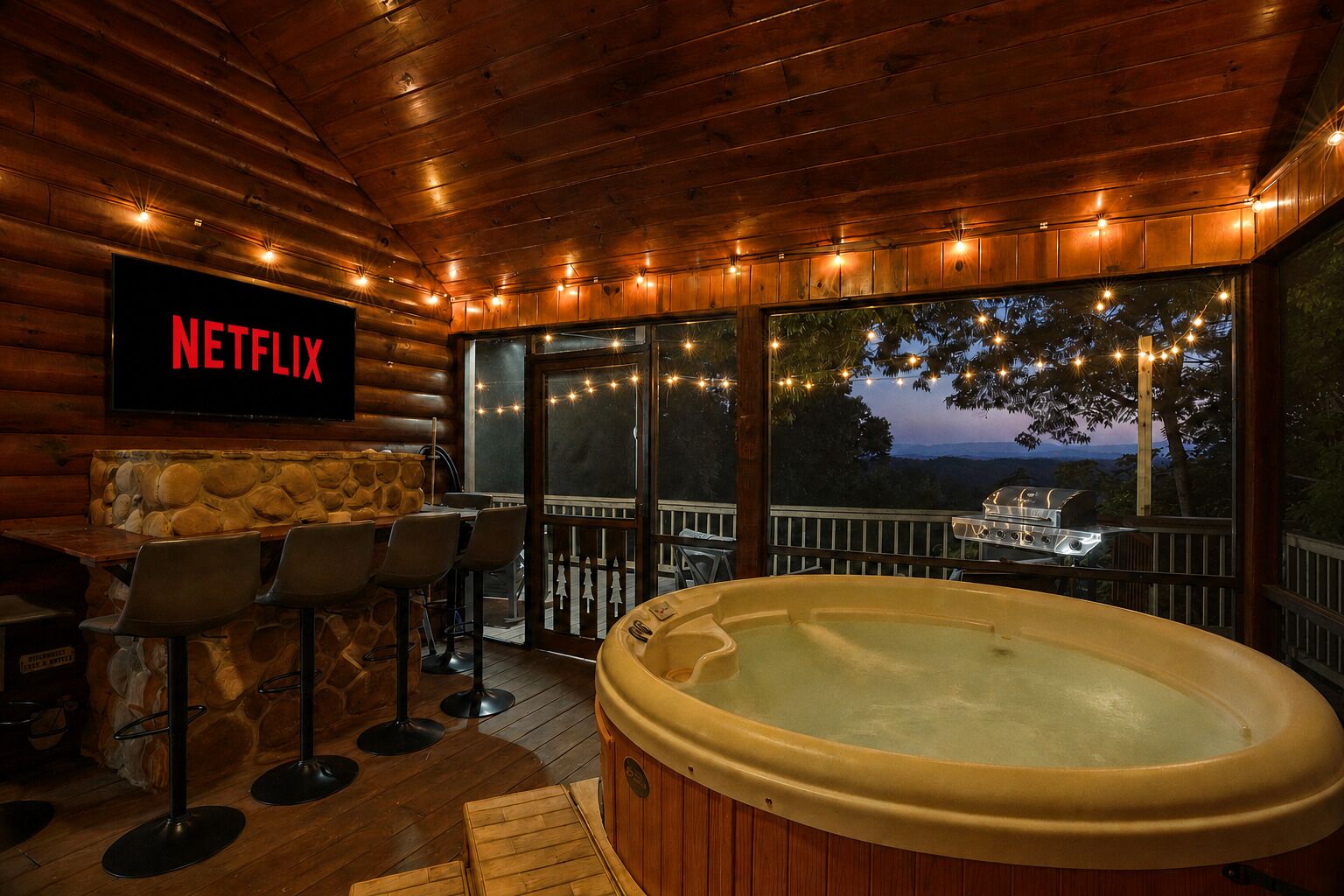 A wooden deck with a hot tub, bar area, and a TV screen displaying 'NETFLIX'.
