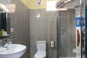 Hair dryer, towels, soap, toilet paper