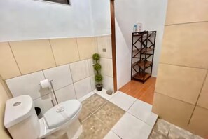 Casa de banho com sanita, uma pequena planta em vaso e uma prateleira de metal com garrafas.