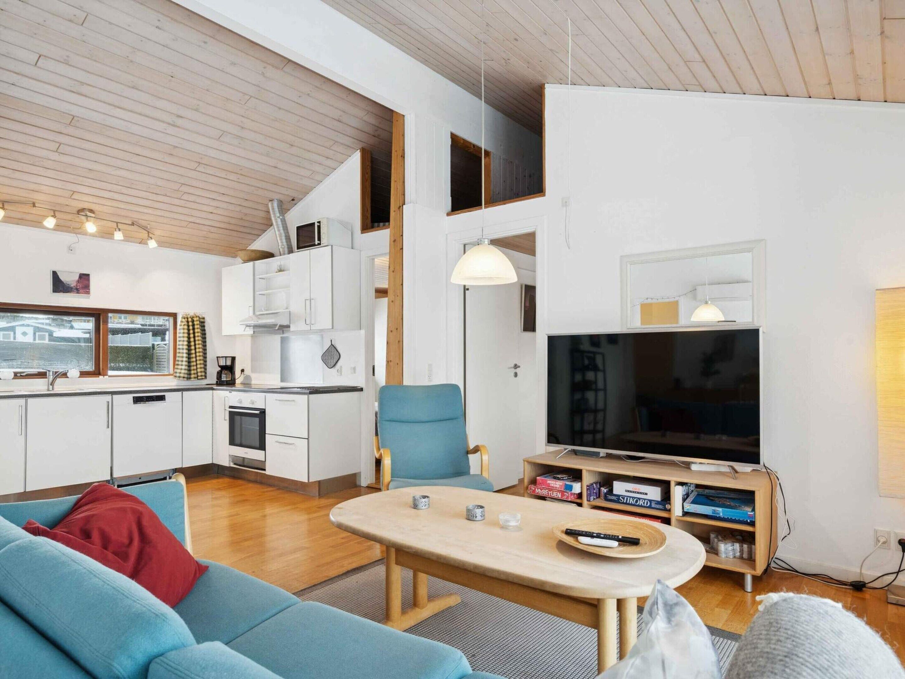 A modern living space with a kitchen, dining area, and a TV.