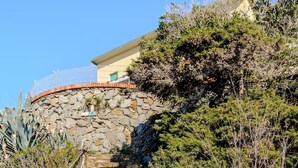 Una escalera de piedra que sube hacia un edificio con un muro de piedra y una cerca azul.