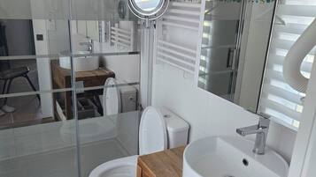 A modern bathroom with a glass shower enclosure, a toilet, a sink with a wooden vanity, and a large mirror.