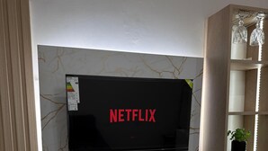 A wall-mounted television with the Netflix logo, a marble-patterned wall, and a wooden shelf with potted plants. - Moonlight Iguazu Apart (Puerto Iguazú)