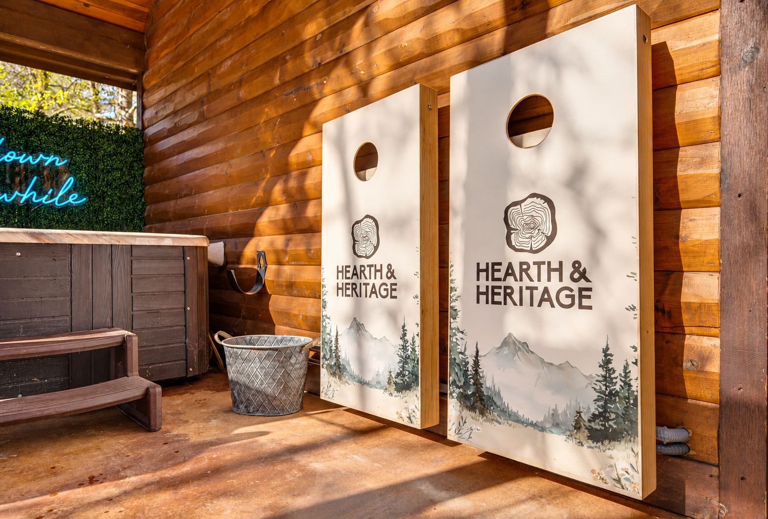 Private hot tub and cornhole on a cozy covered cabin patio