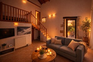 TV, fireplace - Stone Villa with Garden & Balcony | Kalisto Residence (Litsarda)