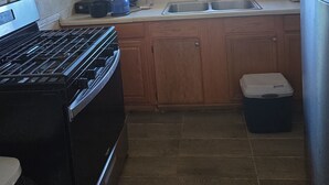 A kitchen with wooden cabinets, a stainless steel refrigerator, a gas stove, a sink, and a window.
