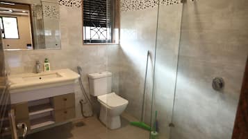 Hair dryer, towels, soap, toilet paper