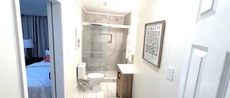 Hair dryer, towels, soap, shampoo