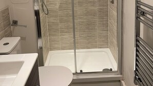 En brusekabine med glasdør, toilet og håndklædeholder.