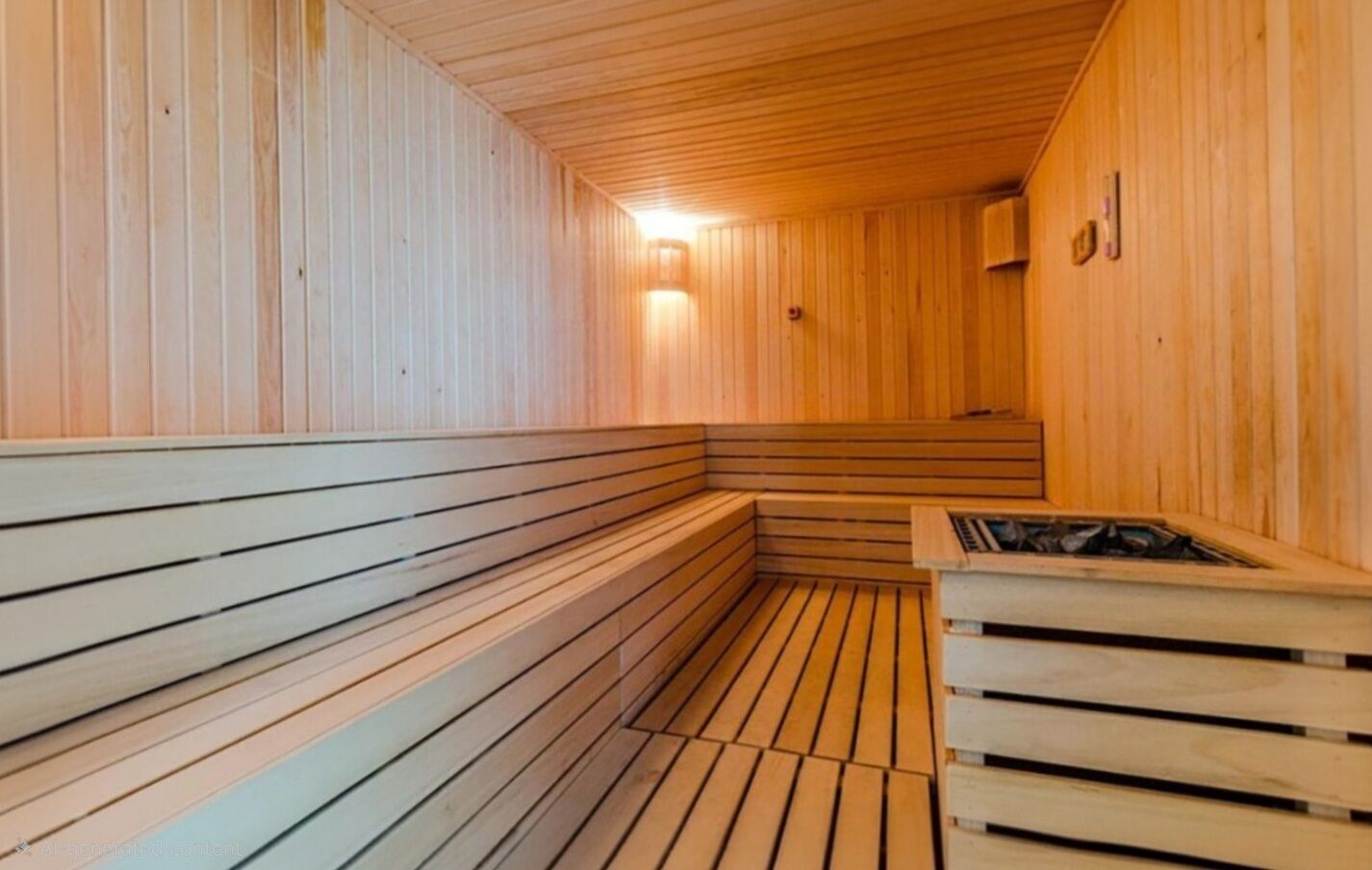 A sauna with wooden benches and a central heating element.