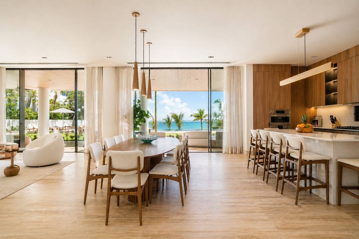 A modern kitchen with a large island, wooden cabinets, and a view of the ocean.